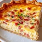 Quiche lorraine dorée avec lardons, appareil crémeux et pâte croustillante, servie tiède avec persil.