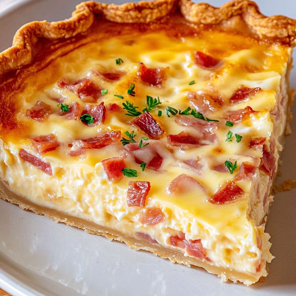 Quiche lorraine dorée avec lardons, appareil crémeux et pâte croustillante, servie tiède avec persil.