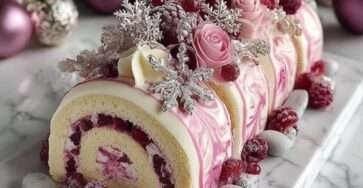 Bûche roulée framboise et vanille avec glaçage marbré rose, décorée de framboises et éléments festifs.