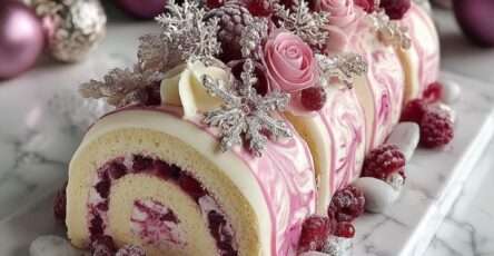 Bûche roulée framboise et vanille avec glaçage marbré rose, décorée de framboises et éléments festifs.