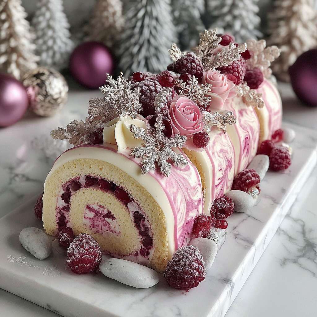 Bûche roulée framboise et vanille avec glaçage marbré rose, décorée de framboises et éléments festifs.