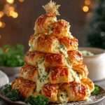 Sapin feuilleté apéritif garni de fromages fondants et d’herbes fraîches, doré et croustillant.