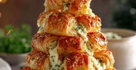 Sapin feuilleté apéritif garni de fromages fondants et d’herbes fraîches, doré et croustillant.