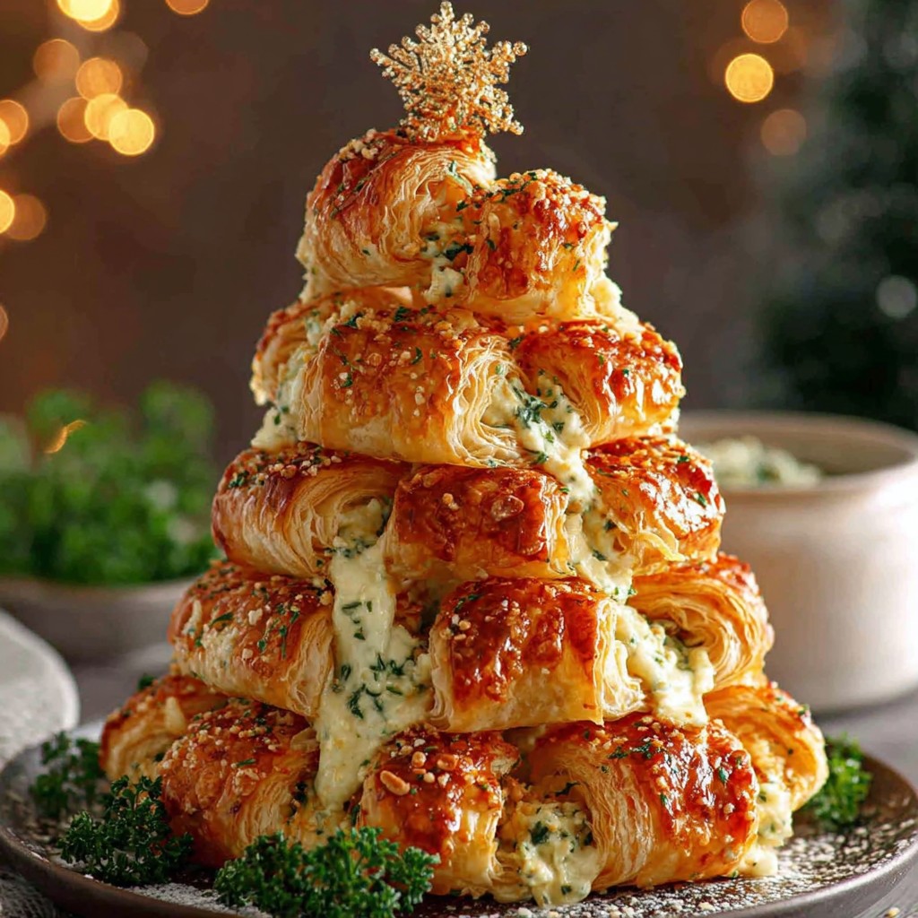 Sapin feuilleté apéritif garni de fromages fondants et d’herbes fraîches, doré et croustillant.