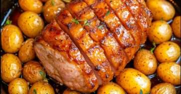 Rôti de porc doré entouré de pommes de terre grenailles au thym dans un plat de cuisson.