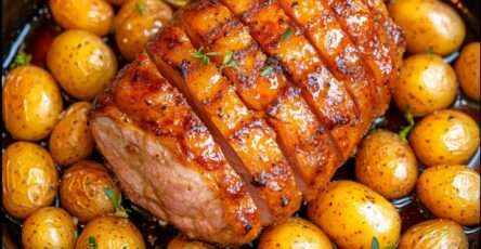 Rôti de porc doré entouré de pommes de terre grenailles au thym dans un plat de cuisson.