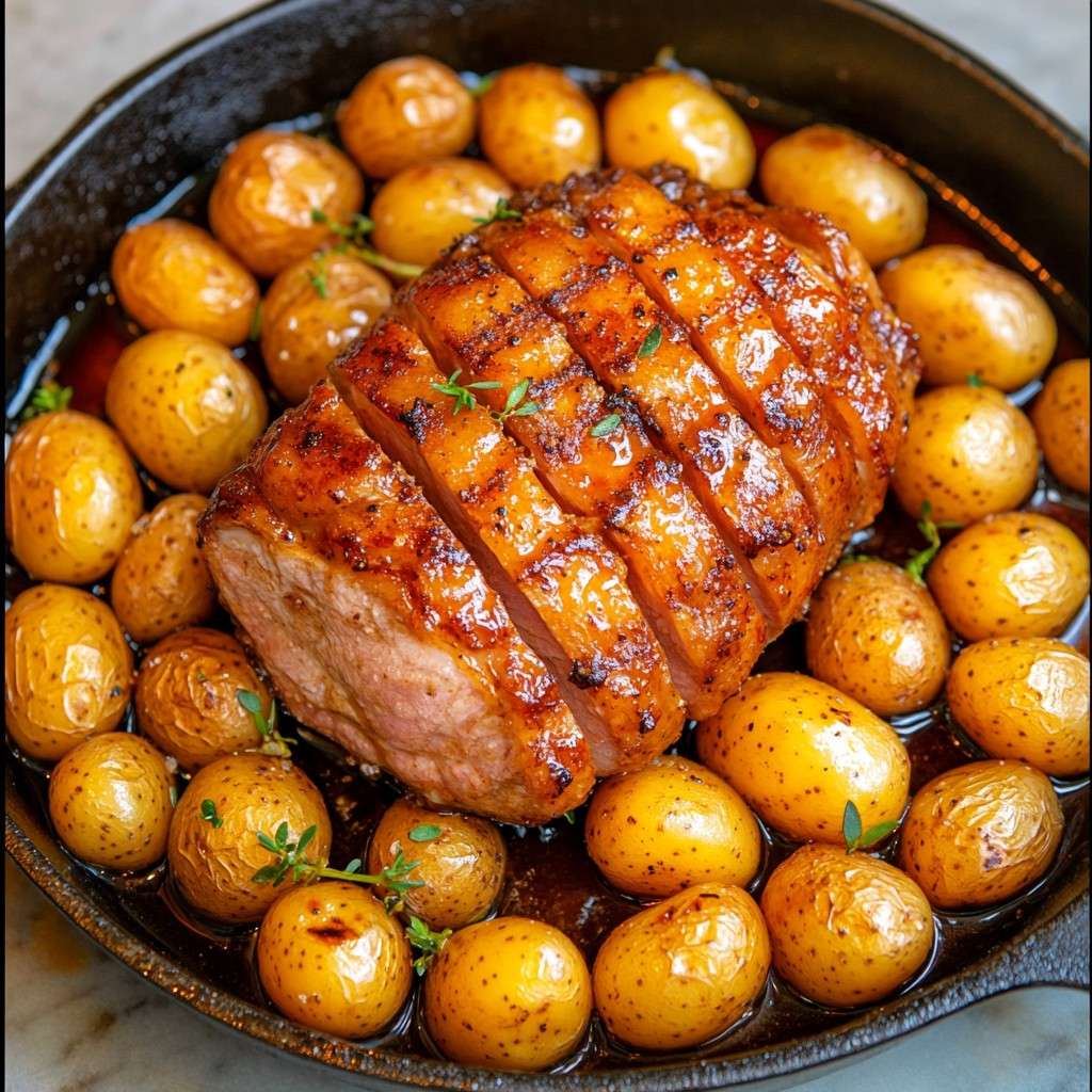 Rôti de porc doré entouré de pommes de terre grenailles au thym dans un plat de cuisson.