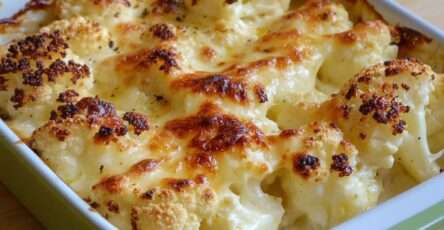Gratin de chou-fleur crémeux au fromage, doré au four dans un plat familial.