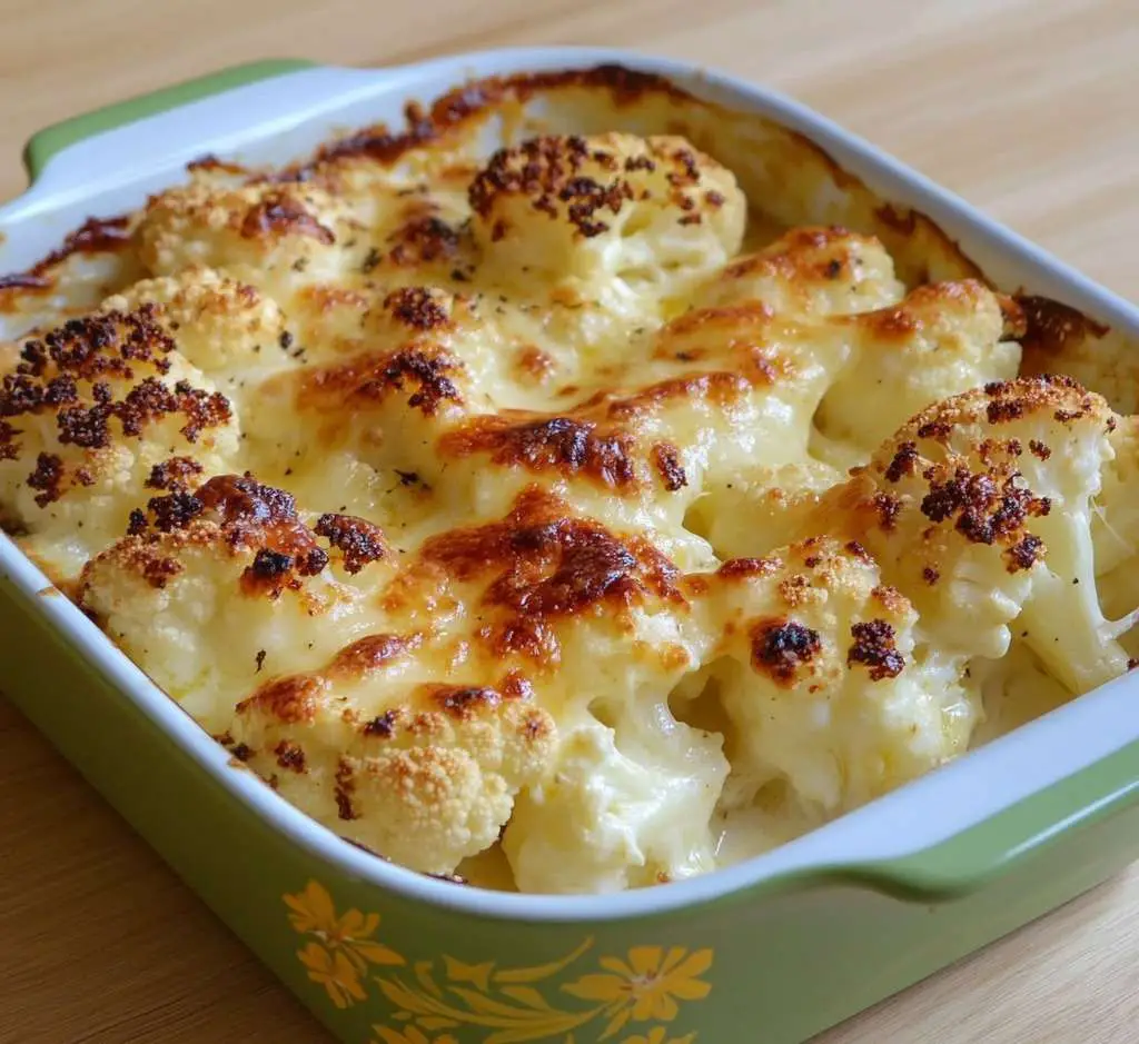 Gratin de chou-fleur crémeux au fromage, doré au four dans un plat familial.