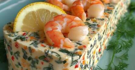 Terrine froide crémeuse aux crevettes et légumes colorés, démoulée et décorée d’aneth et de citron.