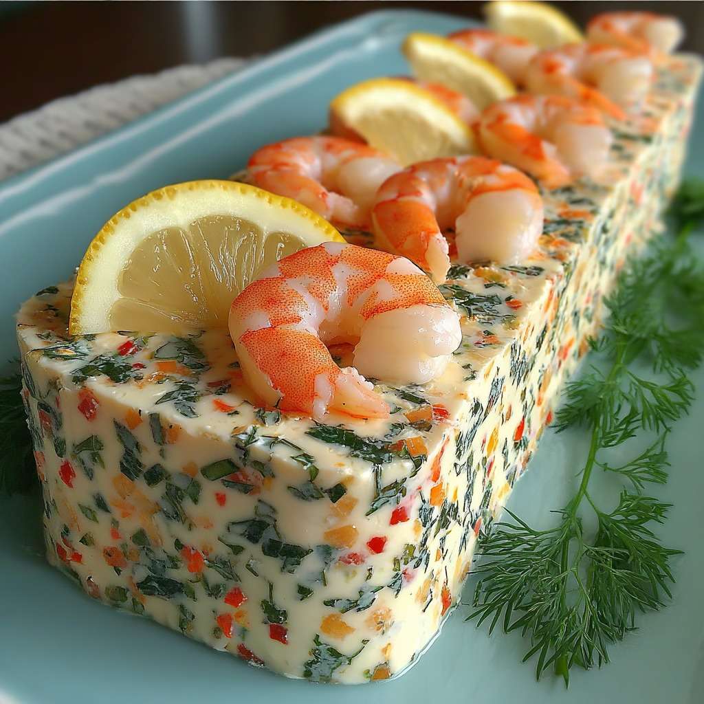 Terrine froide crémeuse aux crevettes et légumes colorés, démoulée et décorée d’aneth et de citron.