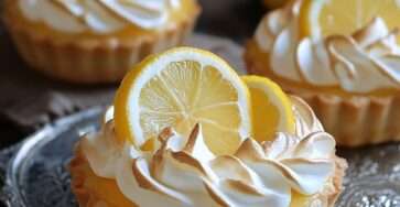 Mini tartelettes au citron meringuées dorées avec fond sablé et crème citron délicate.