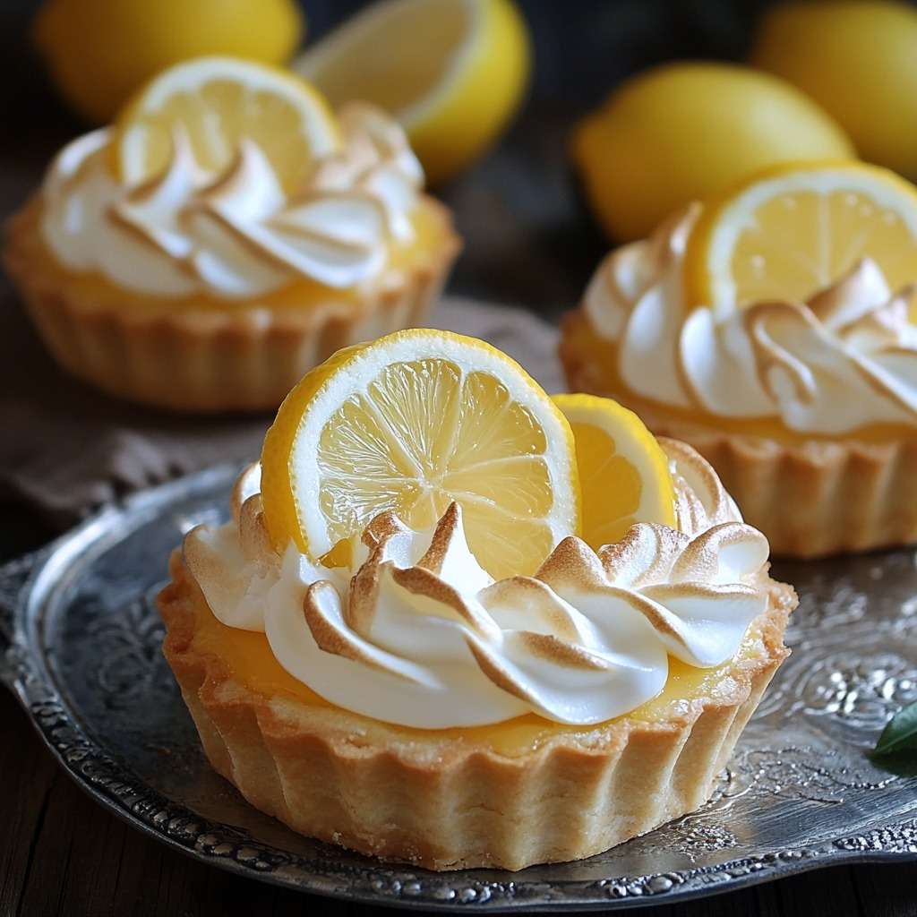Mini tartelettes au citron meringuées dorées avec fond sablé et crème citron délicate.