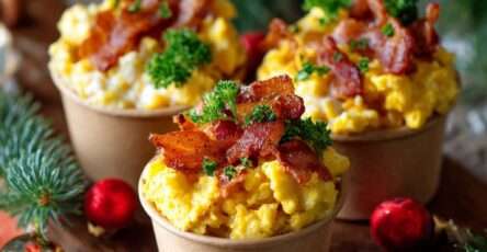 Mini-cups d’œufs brouillés crémeux garnis de bacon croustillant servis en verrines pour un brunch ou un apéritif gourmand.