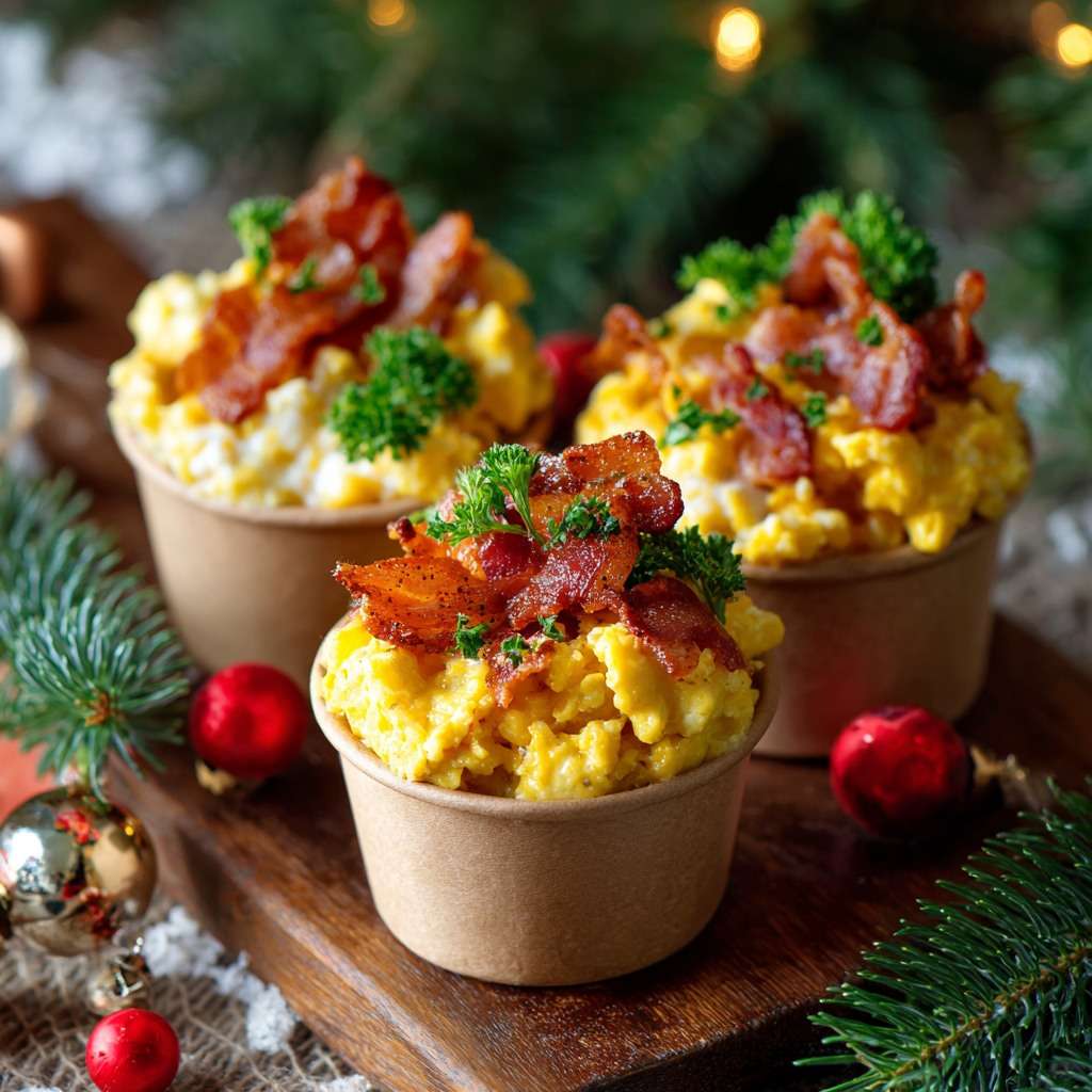 Mini-cups d’œufs brouillés crémeux garnis de bacon croustillant servis en verrines pour un brunch ou un apéritif gourmand.