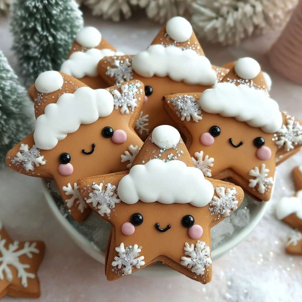 Biscuits étoiles au pain d’épices décorés de bonnets blancs, flocons et petits visages souriants.