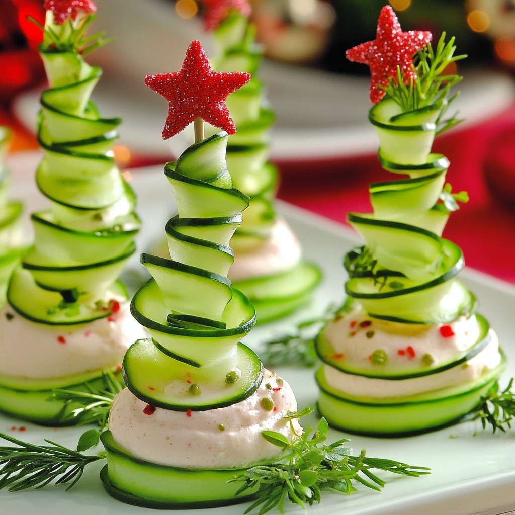 Petits sapins de concombre roulés en spirale sur base de fromage frais aux herbes, décorés d’étoiles rouges.