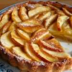 Tarte alsacienne aux pommes avec flan crémeux, pommes en rosace et nappage abricot brillant.
