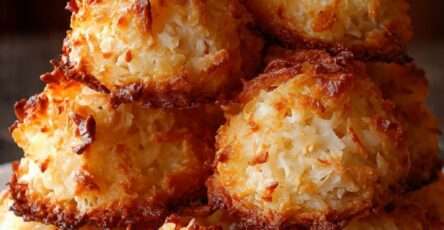 Macarons de Noël dorés à la noix de coco, légèrement croustillants et décorés de chocolat.