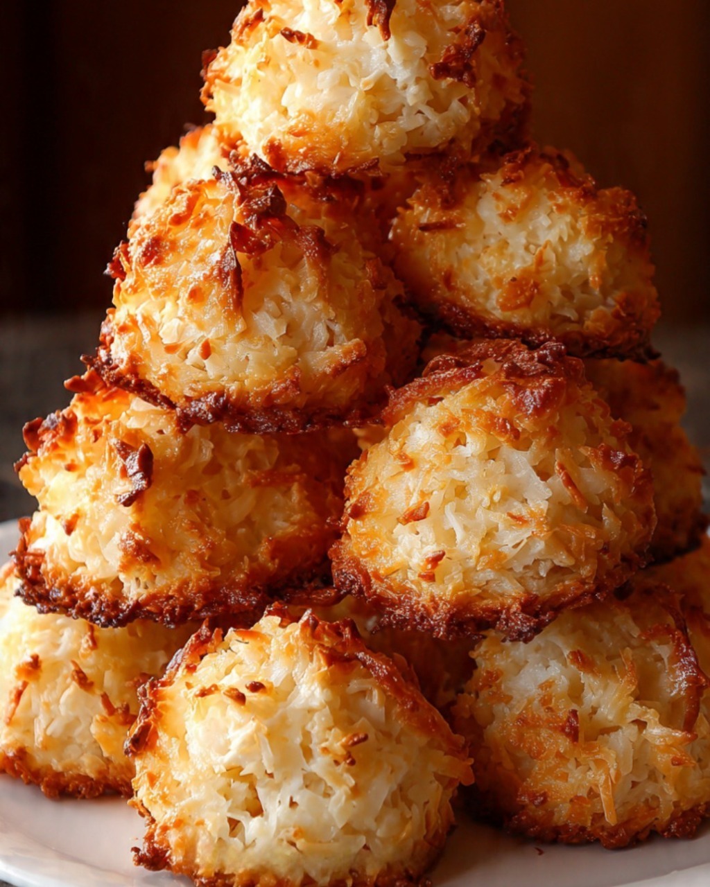 Macarons de Noël dorés à la noix de coco, légèrement croustillants et décorés de chocolat.