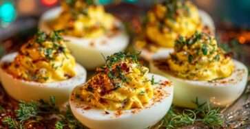 Œufs mimosa aux herbes fraîches garnis de ciboulette et d’aneth, servis en entrée élégante ou en apéritif gourmand.