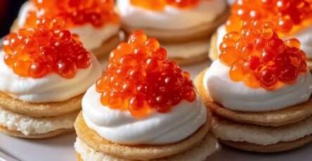 Mini blinis garnis de crème citronnée et œufs de saumon présentés sur un plateau.
