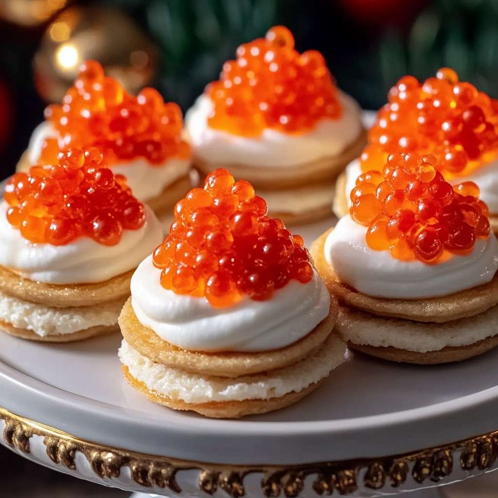 Mini blinis garnis de crème citronnée et œufs de saumon présentés sur un plateau.