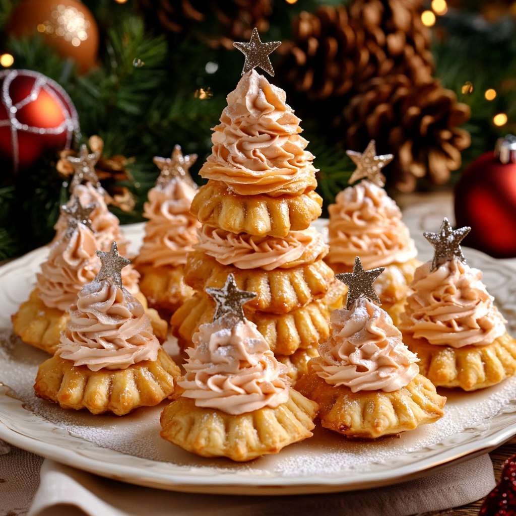 Sapins individuels montés en étages avec chantilly vanillée et étoile de sucre.
