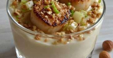 Verrines raffinées avec crème de panais, Saint-Jacques poêlées, noisettes concassées et oignon nouveau.