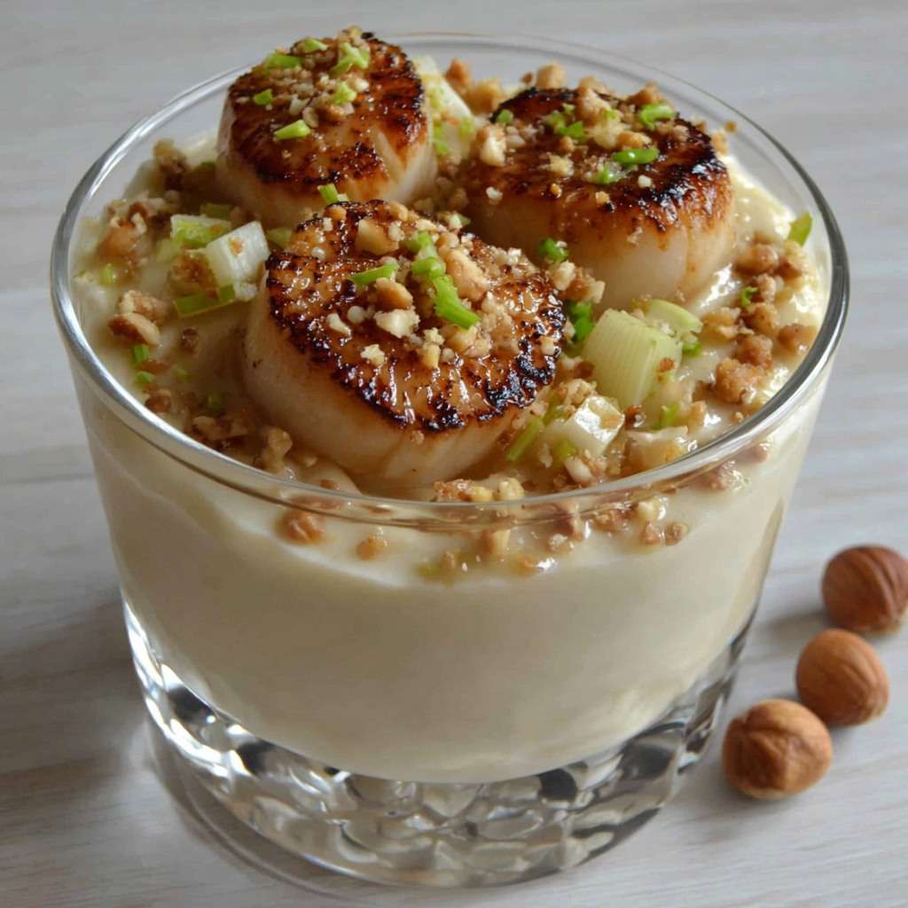 Verrines raffinées avec crème de panais, Saint-Jacques poêlées, noisettes concassées et oignon nouveau.