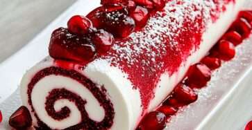 Bûche roulée framboise et mascarpone avec glaçage rose brillant.