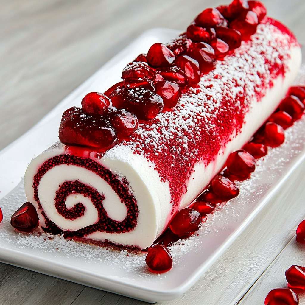 Bûche roulée framboise et mascarpone avec glaçage rose brillant.