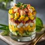 Verrines apéritives en couches avec crevettes, mangue, concombre, haricots blancs, yaourt et tomates séchées.