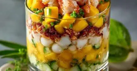 Verrines apéritives en couches avec crevettes, mangue, concombre, haricots blancs, yaourt et tomates séchées.