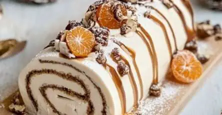 Bûche roulée décorée de clémentines fraîches et noix de pécan torréfiées.