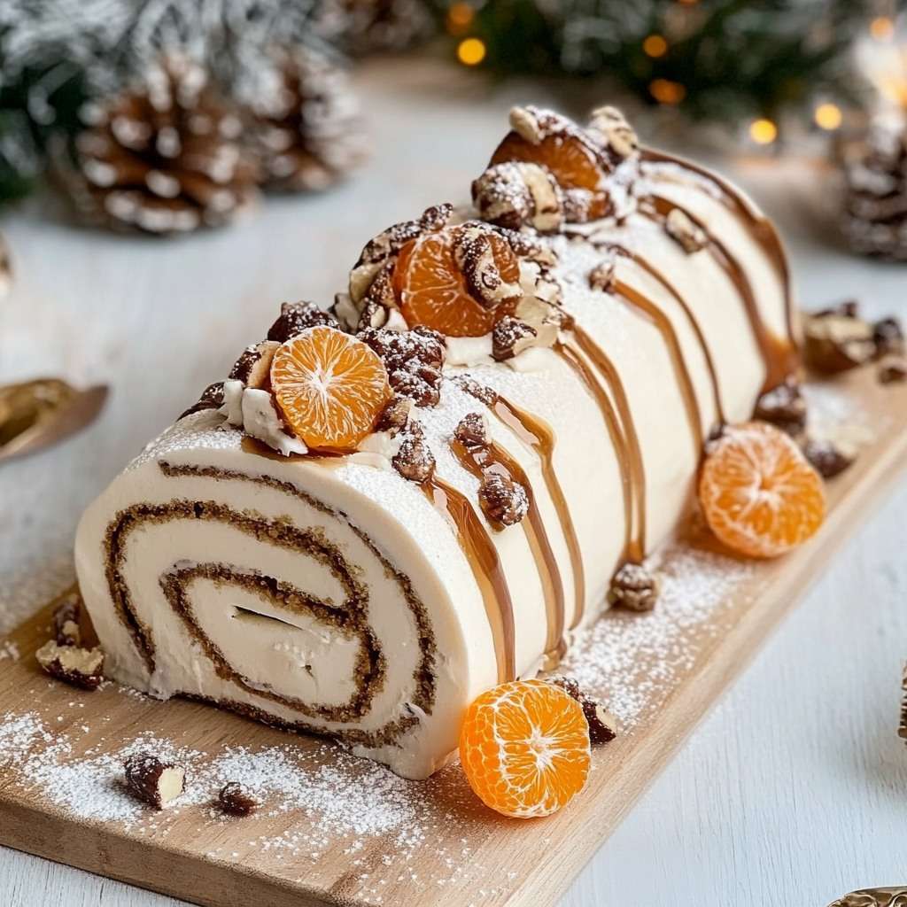 Bûche roulée décorée de clémentines fraîches et noix de pécan torréfiées.