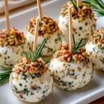 Boules de fromage frais roulées dans les noix concassées avec herbes fraîches et pics en bois.