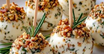 Boules de fromage frais roulées dans les noix concassées avec herbes fraîches et pics en bois.