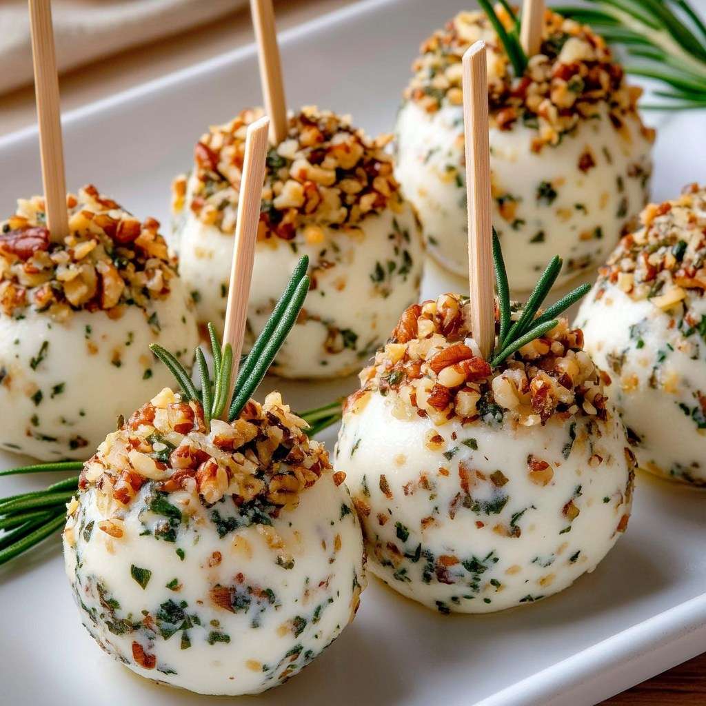 Boules de fromage frais roulées dans les noix concassées avec herbes fraîches et pics en bois.