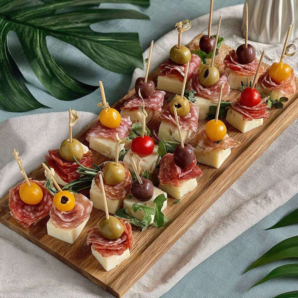 Mini brochettes apéritives avec cubes de fromage, salami plié, olives et tomates cerises présentées sur un plateau.