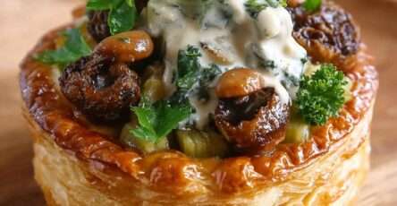 Vol-au-vent feuilleté garni de champignons forestiers crémeux aux herbes fraîches, servi chaud pour une entrée festive et élégante.
