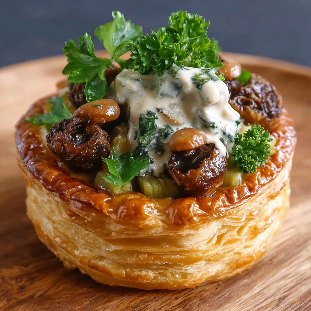 Vol-au-vent feuilleté garni de champignons forestiers crémeux aux herbes fraîches, servi chaud pour une entrée festive et élégante.