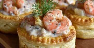 Vol-au-vent feuilleté garni de crevettes roses au fenouil et crème à l’anis, décoré d’aneth frais.
