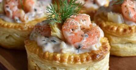 Vol-au-vent feuilleté garni de crevettes roses au fenouil et crème à l’anis, décoré d’aneth frais.
