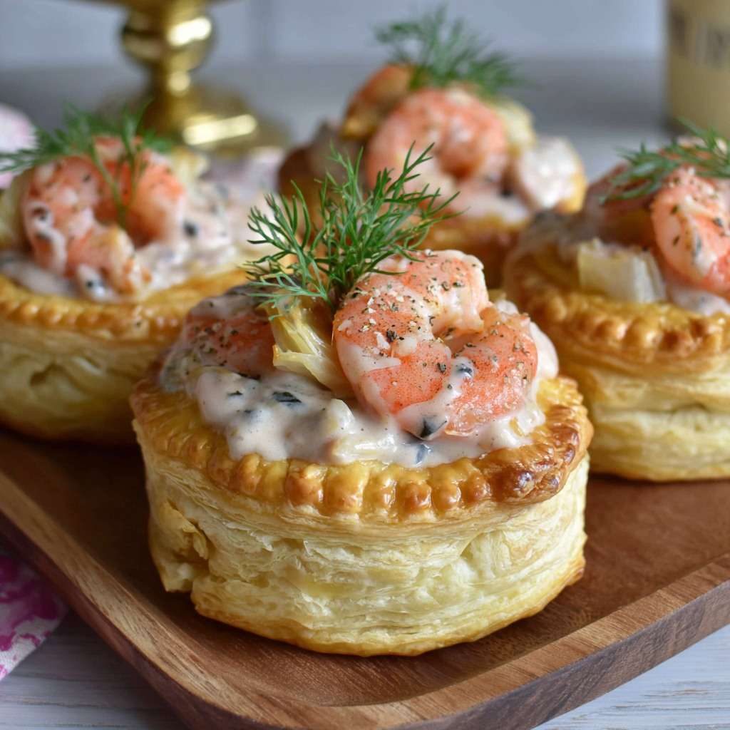 Vol-au-vent feuilleté garni de crevettes roses au fenouil et crème à l’anis, décoré d’aneth frais.