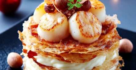 Millefeuille de Saint-Jacques dressé avec crème de panais, noisettes concassées et chips de chorizo croustillantes.