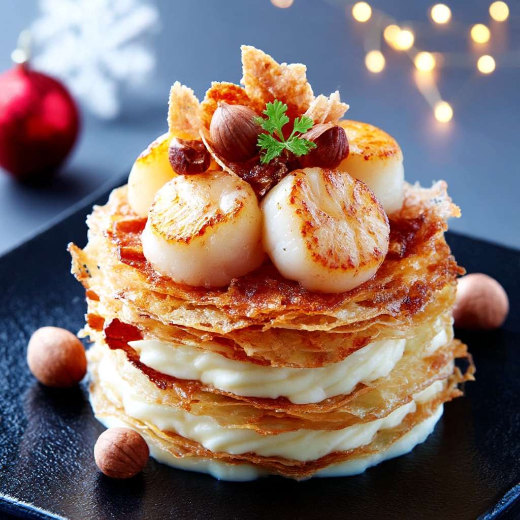 Millefeuille de Saint-Jacques dressé avec crème de panais, noisettes concassées et chips de chorizo croustillantes.