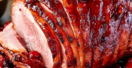 Jambon rôti glacé aux cranberries et miel pour Noël.