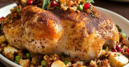 Chapon rôti farci aux pommes, sauge et pain d’épices, doré au four et servi avec sa farce gourmande pour un repas de fête.