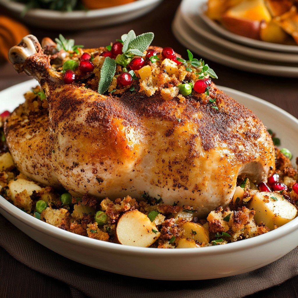 Chapon rôti farci aux pommes, sauge et pain d’épices, doré au four et servi avec sa farce gourmande pour un repas de fête.